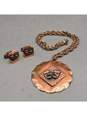 Vintage Copper Theater Comedy Tragedy Mask Jewelry Set Necklace Cufflinks Drama
